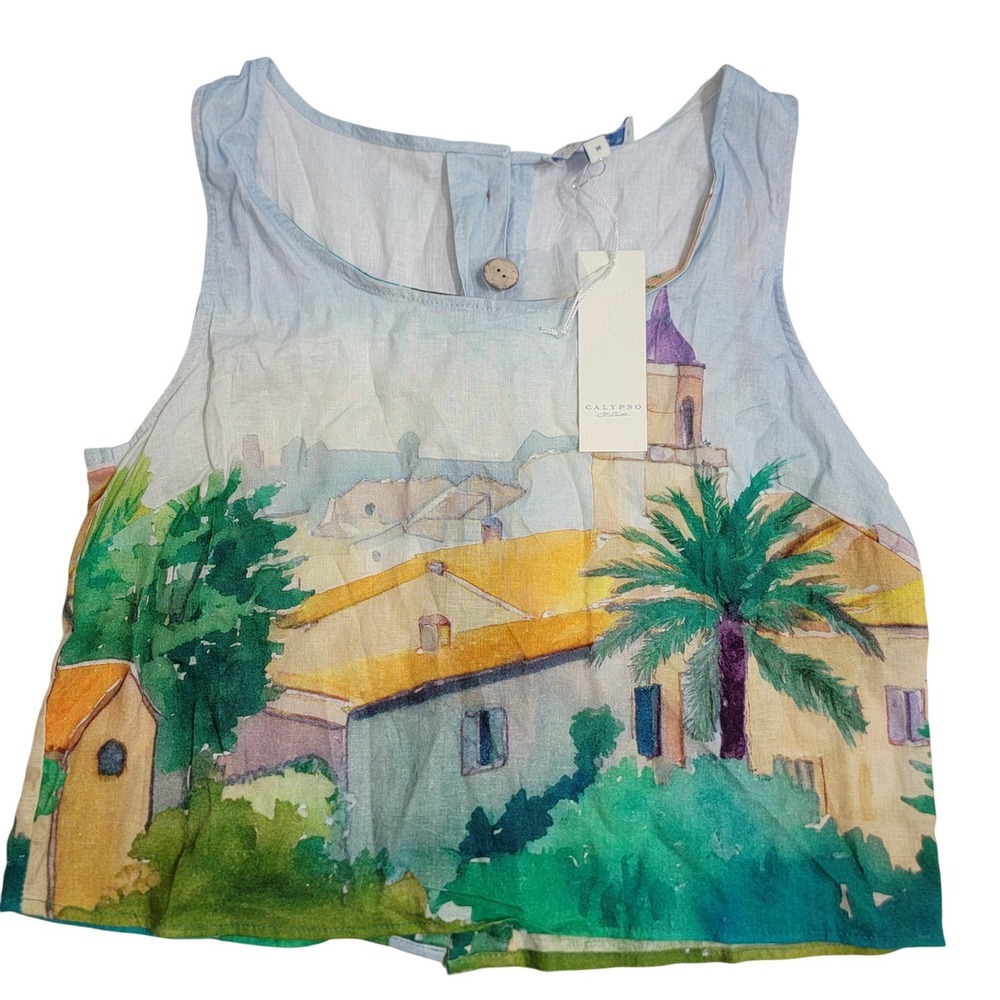 Calypso St. Barth Linen Blend Watercolor Scenic‎ Village Crop Tank Top Med NEW